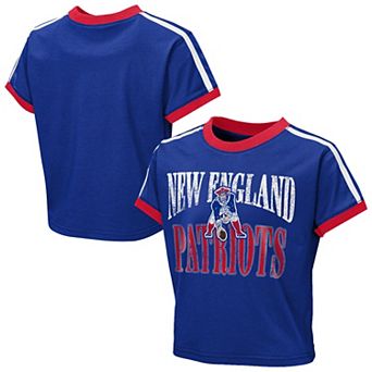 Girls Youth WEAR by Erin Andrews Royal New England Patriots Cropped Hail Mary Ringer Baby T-Shirt