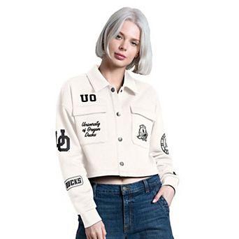 Women's Starter Cream Oregon Ducks Anchor Full Snap Cropped Shacket