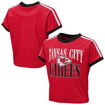 Girls Youth WEAR by Erin Andrews Red Kansas City Chiefs Cropped Hail Mary Ringer Baby T-Shirt