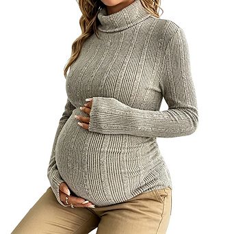 Women's Maternity Long Sleeve Mock Turtleneck Ribbed Knit Base Layer Top