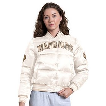Women's Starter White Golden State Warriors Pump Fake Puffer Full Snap Cropped Jacket