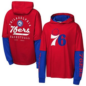Youth Outerstuff Red Philadelphia 76ers Double Nickel Oversized Faux 2fer Hooded T-Shirt
