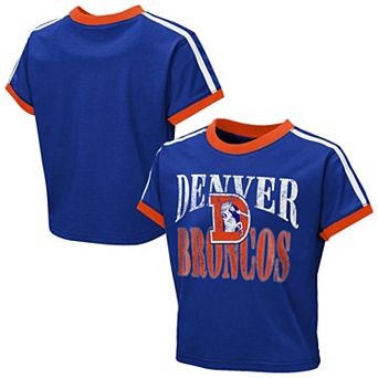 Girls Youth WEAR by Erin Andrews Royal Denver Broncos Cropped Hail Mary Ringer Baby T-Shirt