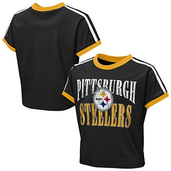Girls Youth WEAR by Erin Andrews Black Pittsburgh Steelers Cropped Hail Mary Ringer Baby T-Shirt