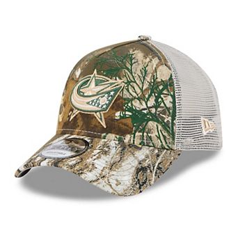 Men's New Era Camo Columbus Blue Jackets Real Tree A-Frame 9FORTY Adjustable Trucker Hat