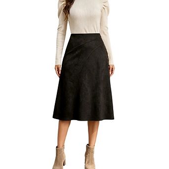 Women's Suede-Panel High Elastic Waist Zipper Closure A-Line Midi Business Causal Skirts