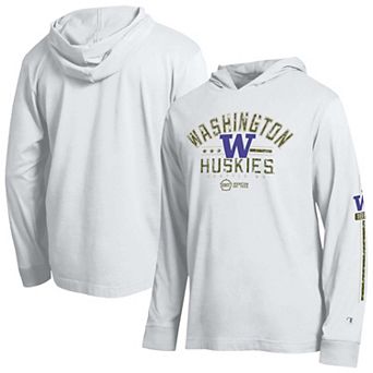 Men's Champion White Washington Huskies Operation Hat Trick Sleeve Line Hooded Long Sleeve T-Shirt
