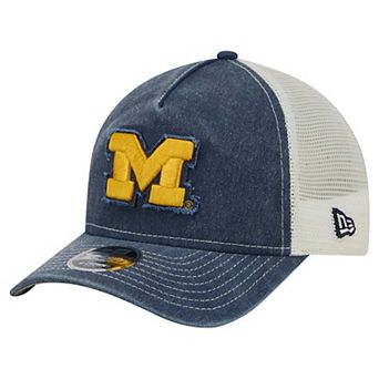 Youth New Era Navy Michigan Wolverines 9FORTY A-Frame M-Crown Retro Adjustable Trucker Hat