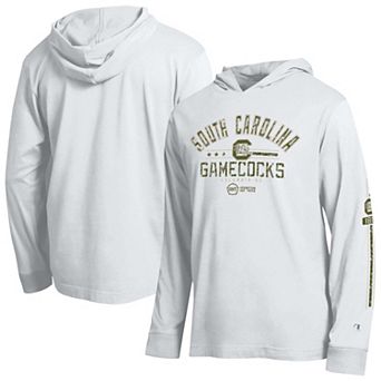 Men's Champion White South Carolina Gamecocks Operation Hat Trick Sleeve Line Hooded Long Sleeve T-Shirt