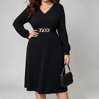 ShopWonder Womens Plus Size V Neck Lantern Long Sleeve Casual Loose Midi Sweater Dresses with Belt