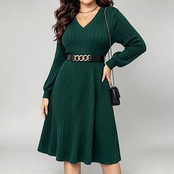 ShopWonder Womens Plus Size V Neck Lantern Long Sleeve Casual Loose Midi Sweater Dresses with Belt
