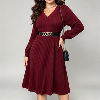 ShopWonder Womens Plus Size V Neck Lantern Long Sleeve Casual Loose Midi Sweater Dresses with Belt