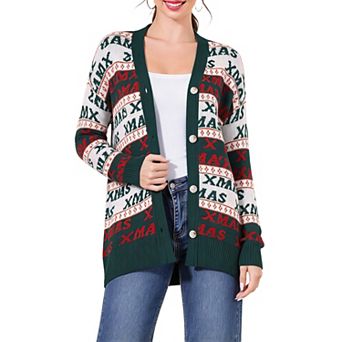Women's Christmas Cardigan Sweater v Neck Button Down Long Sleeve Knit Open Front Holiday Cardigan
