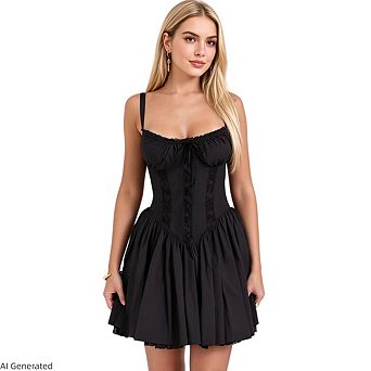 Women's Corset Lace Trim Low Cut Square Neck Tie A Line Sleeveless Party Mini Dress