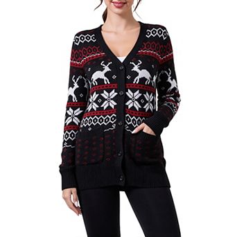 Women's Christmas Reindeer Snowflake Sweater Long Sleeve v Neck Button Down Cardigan with Pockets