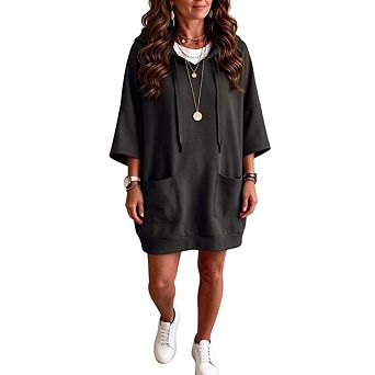 Women's Loose Solid Color Casual Drawstring Hoodie Tunic Dress Sweatshirts with Pockets