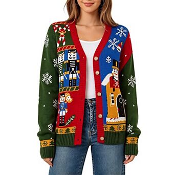 Women's Christmas Open Front Sweaters Color Block Button Down Long Sleeve Fall Winter Cardigan