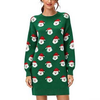 Women's Christmas Santa Face Sweater Dress Long Sleeve Crew Neck Knit Casual Holiday Winter Dress