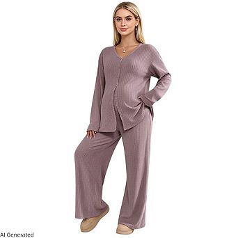 Women's Maternity 2 pc Outfit Ribbed Knit Button Down Shirt Casual Cardigan and Wide Leg Pants
