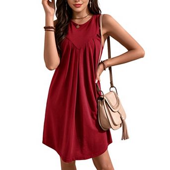 Women's Solid Color Sleeveless Pleated Crew Neck Mini Beach Tank Dress