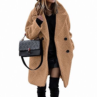 Women Faux Sherpa Lapel Winter Coat Double Breasted Long Sleeve Pockets