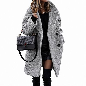 Women Faux Sherpa Lapel Winter Coat Double Breasted Long Sleeve Pockets