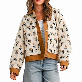 Women's Floral Print Fleece Jacket Denim Collar Oversized Outerwear With Pockets