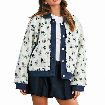 Women's Floral Print Fleece Jacket Denim Collar Oversized Outerwear With Pockets