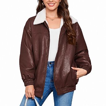 Women's Faux Leather Sherpa Lined Warm Moto Zip Coat