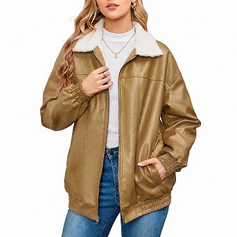 Women's Faux Leather Sherpa Lined Warm Moto Zip Coat