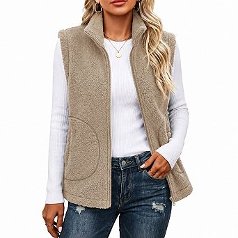 Women Fuzzy Fleece Zip Up Vest Warm Sleeveless Winter Jacket With Pockets