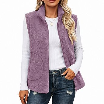 Women Fuzzy Fleece Zip Up Vest Warm Sleeveless Winter Jacket With Pockets