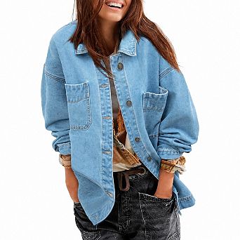 Oversized Boyfriend Denim Jacket Long Sleeve Collared Pockets Button Down
