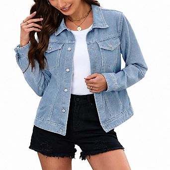 Women's Cropped Stretch Denim Jacket Fitted Long Sleeve Pockets Casual Coat