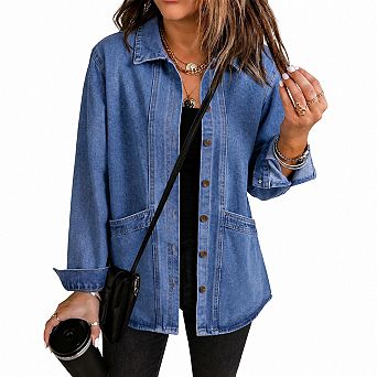 Oversized Cotton Blend Denim Shirt Jacket Four Season Layering Coat