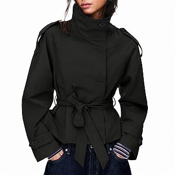 Women's Cropped Trench Coat Dual Neck Double Breasted Belted Fall Winter Jacket