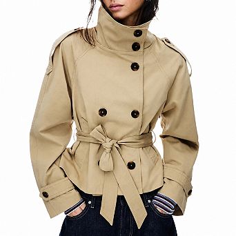 Women's Cropped Trench Coat Dual Neck Double Breasted Belted Fall Winter Jacket