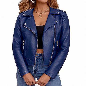 Women Faux Leather Cropped Moto Jacket Casual Streetwear Coat