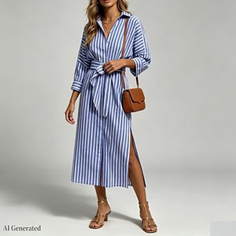 Women Shirt Dress Casual Lapel 3/4 Sleeve Button Down Split Belted Vacation Maxi Dress