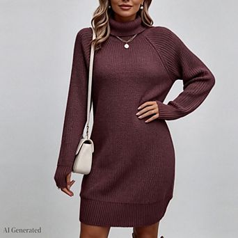 Women Fashion Turtleneck Sweater Dress Long Sleeve Loose Knit Dress