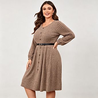 Women Plus Size Sweater Dress Lantern Long Sleeve V Neck A Line Ribbed Knit Midi Dress with Belt