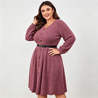 Women Plus Size Sweater Dress Lantern Long Sleeve V Neck A Line Ribbed Knit Midi Dress with Belt