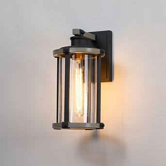 13.75 in Outdoor Wall Lantern with Wood Grain Accents and Seeded Glass
