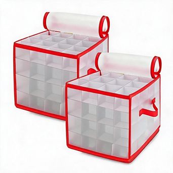 2-Pack Christmas Ornament Storage Boxes 128 Compartments, Dual Zippers, Carry Handles