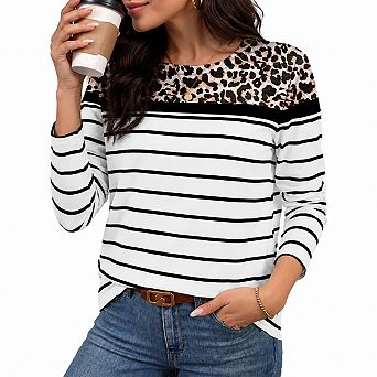 Women Striped Long Sleeve Stretch Crew Neck Casual Tops Fall Fashion
