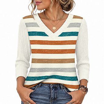 Womens 3/4 Sleeve V Neck Tops Casual Versatile Everyday Wear