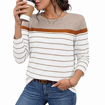 Women Striped Long Sleeve Stretch Crew Neck Casual Tops Fall Fashion