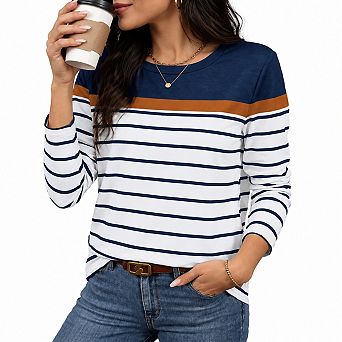 Womens Striped Long Sleeve Stretch Crew Neck Casual Tops
