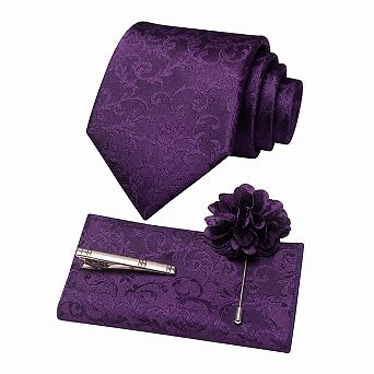 Men 4 pc Tie Set Necktie Pocket Square Lapel Pin Tie Clip Business Casual