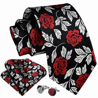 Classic Floral Mens Necktie Pocket Square Cufflinks Set Formal Wedding Business